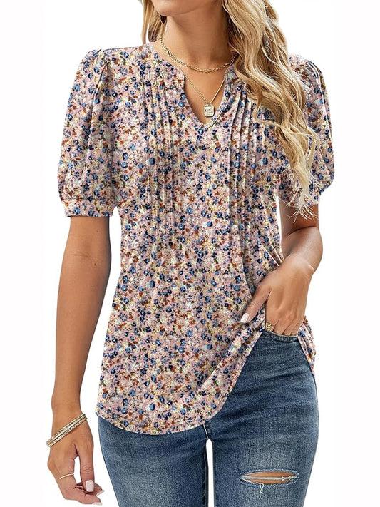 women’s V-neck tunic top! Features puff sleeves, chic pleats & a flattering loose fit. Perfect for work or casual outings