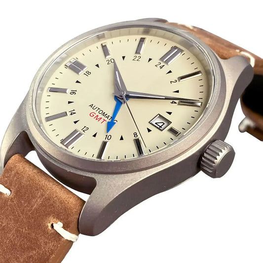 andorio Titanium Diver GMT Pilot Watch for Men NH34A Automatic Mechanical Movement Silver Markers Steel Bracelet Luxury Dive & Travel Watch