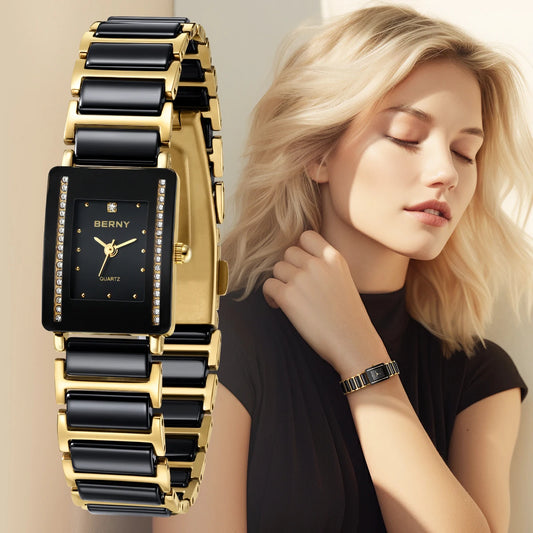 Luxury Ceramic Couple Watches Diamond-Accented Gold Rectangle Quartz Watch for Women & Men Matching Bracelet Wristwatches Gift Set