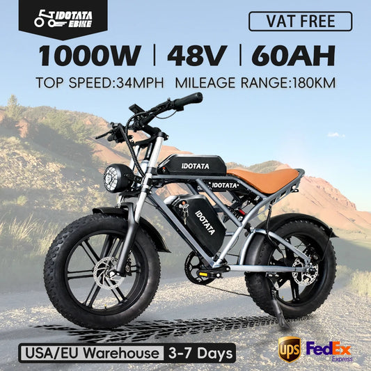 IDOTATA S7 Electric Bike for Adults 1000W 48V/60Ah Dual Battery Fat Tire E-Bike 20" Snow & Mountain Electric Bicycle with 4.0" Tires