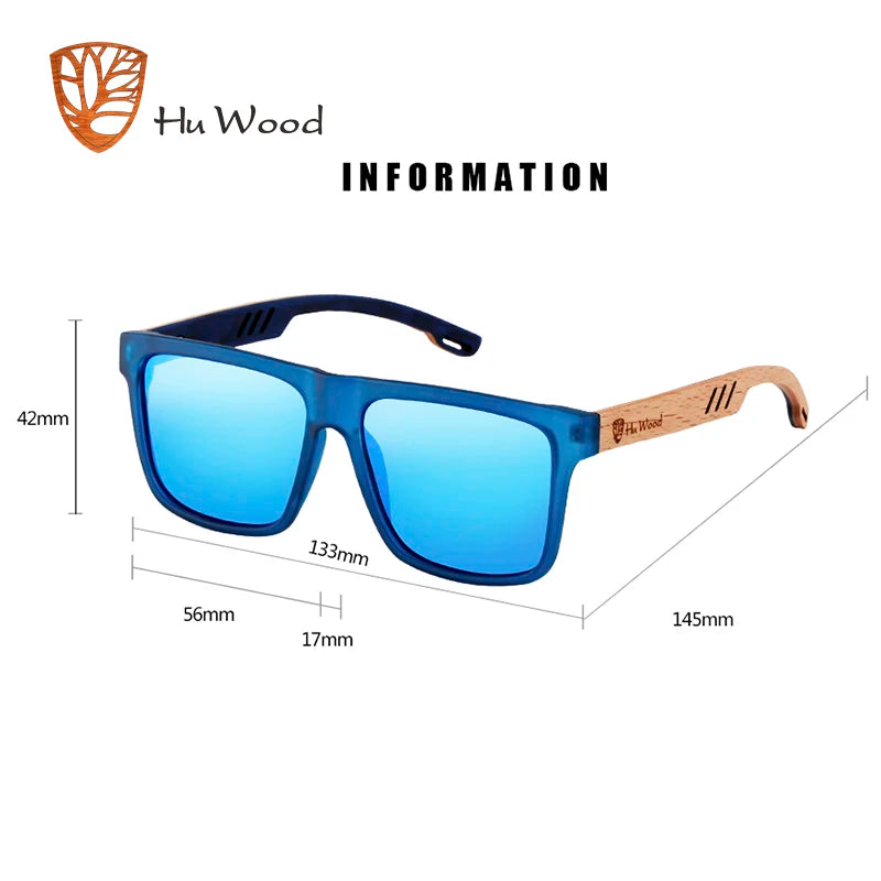 HU WOOD Square Sunglasses for Men - Polarized UV400 Protection - Fashion Mirror Lens Sport & Driving Glasses - High Quality Retro Shades