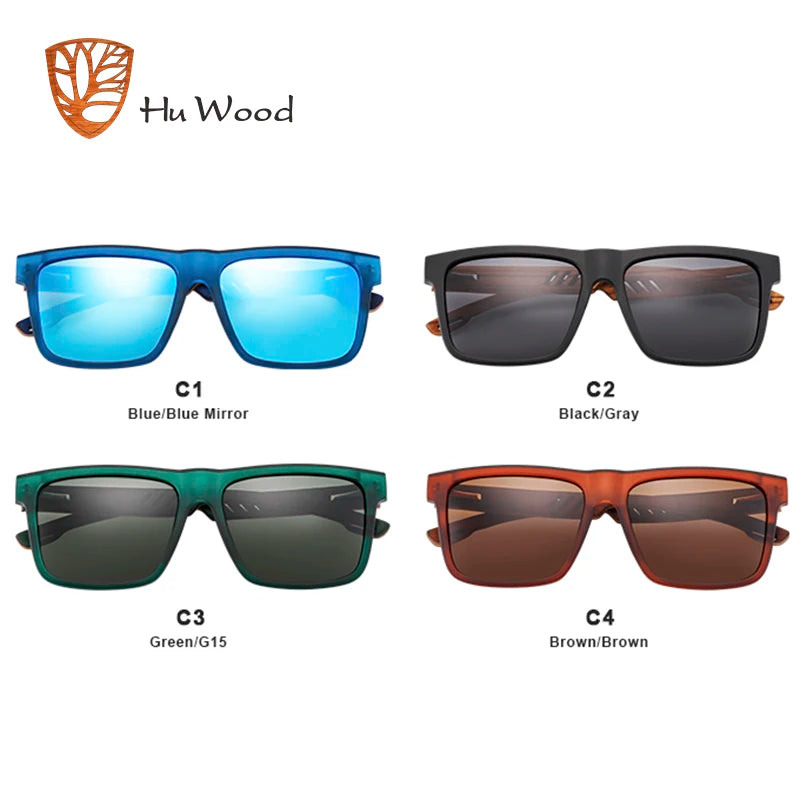 HU WOOD Square Sunglasses for Men - Polarized UV400 Protection - Fashion Mirror Lens Sport & Driving Glasses - High Quality Retro Shades