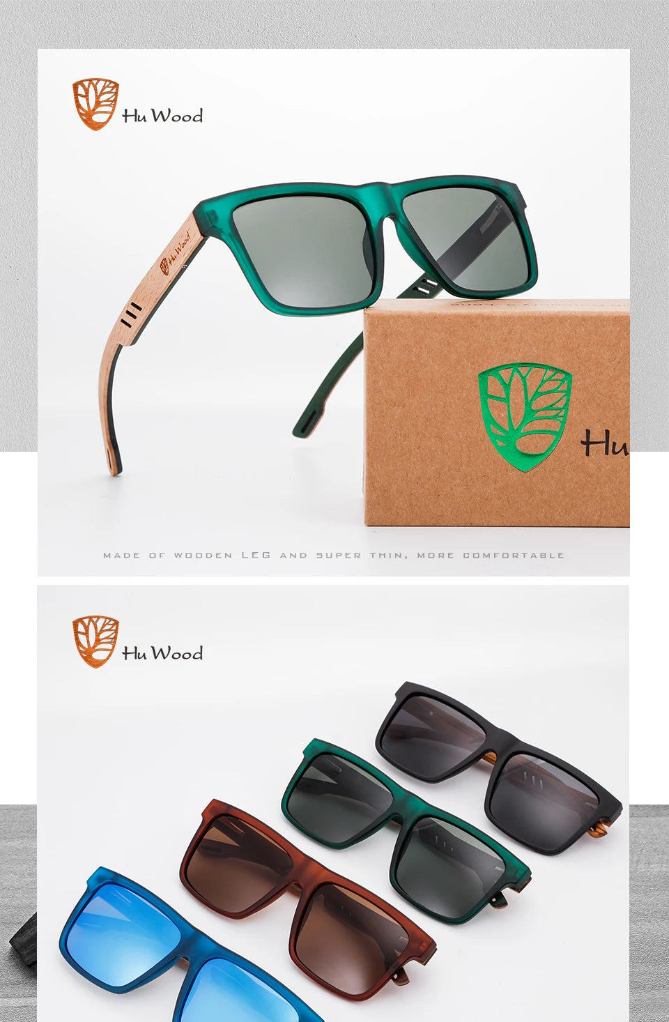 HU WOOD Square Sunglasses for Men - Polarized UV400 Protection - Fashion Mirror Lens Sport & Driving Glasses - High Quality Retro Shades