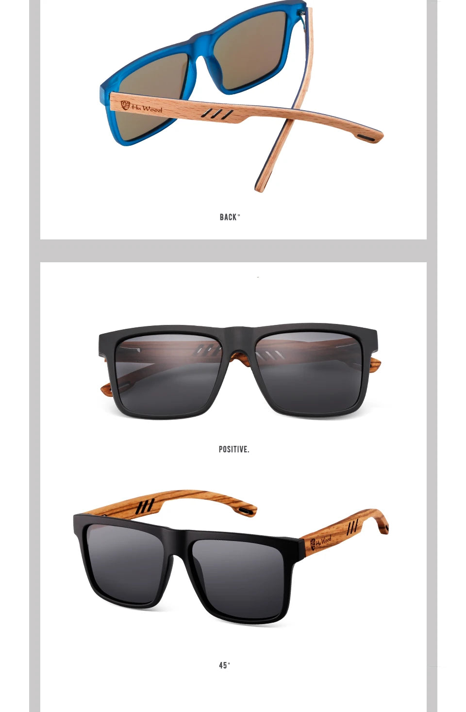 HU WOOD Square Sunglasses for Men - Polarized UV400 Protection - Fashion Mirror Lens Sport & Driving Glasses - High Quality Retro Shades