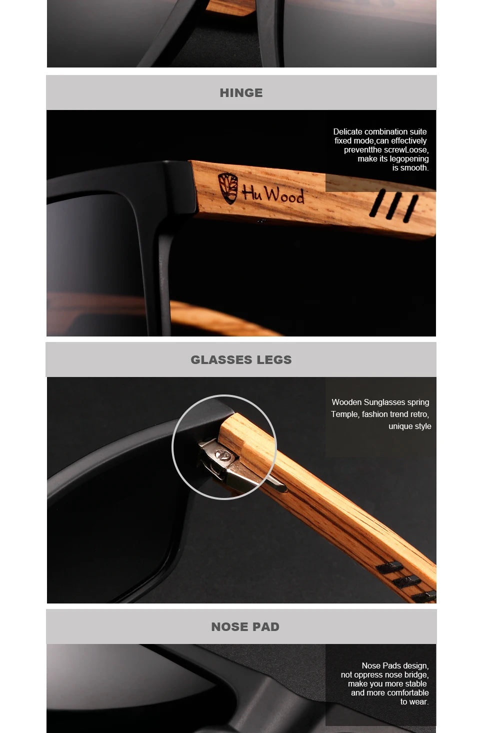 HU WOOD Square Sunglasses for Men - Polarized UV400 Protection - Fashion Mirror Lens Sport & Driving Glasses - High Quality Retro Shades