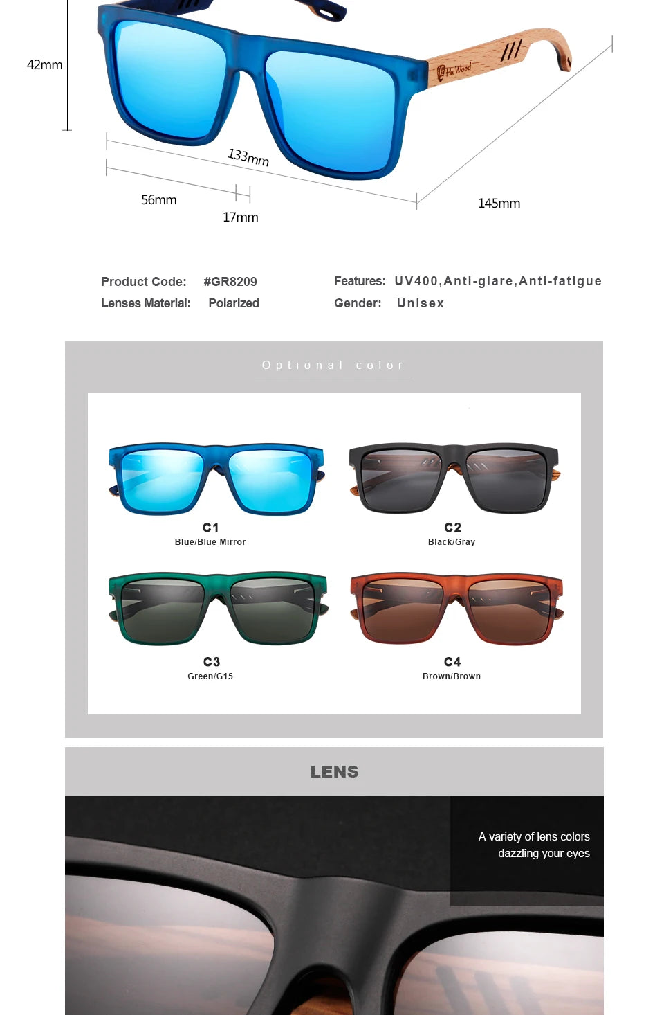 HU WOOD Square Sunglasses for Men - Polarized UV400 Protection - Fashion Mirror Lens Sport & Driving Glasses - High Quality Retro Shades
