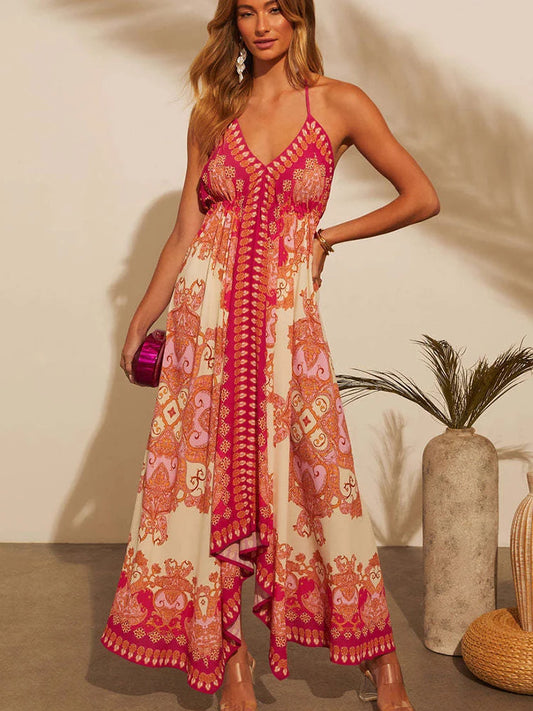 Red Bohemian Floral V-Neck Halter Sundress – Sexy Summer Beach Dress for Women