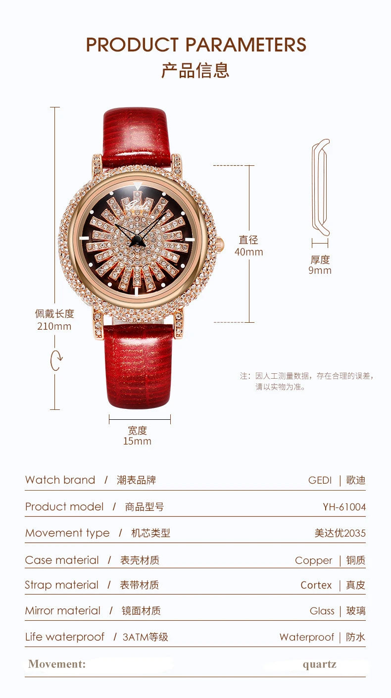 UTHAI Light Luxury Women's Watch Diamond-Accented 360° Running Clock Waterproof Genuine Leather Strap Quartz Watch for Women