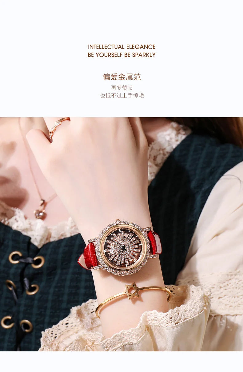UTHAI Light Luxury Women's Watch Diamond-Accented 360° Running Clock Waterproof Genuine Leather Strap Quartz Watch for Women