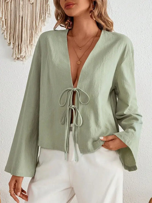 Sexy Lace-Up Hollow Out Shirt for Women – Summer Loose V-Neck Lantern Sleeve Casual Top