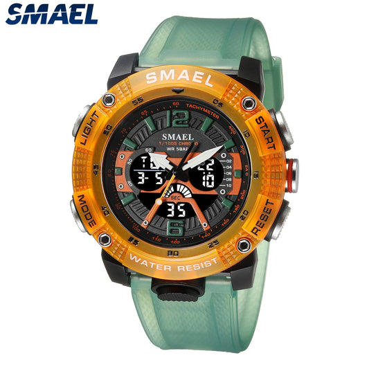 Men's Waterproof Sport Watch Digital LED & Analog Display Quartz Stopwatch Fashion Green & Orange Watch