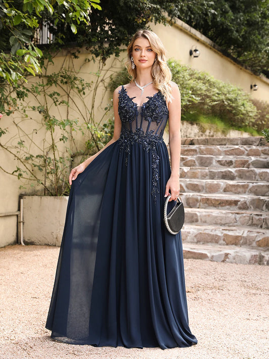 Navy Blue Spaghetti Strap A-Line Evening Dress 2025 – Elegant Beaded Appliques Illusion Prom Gown | Formal Party Gala Vestido de Gala