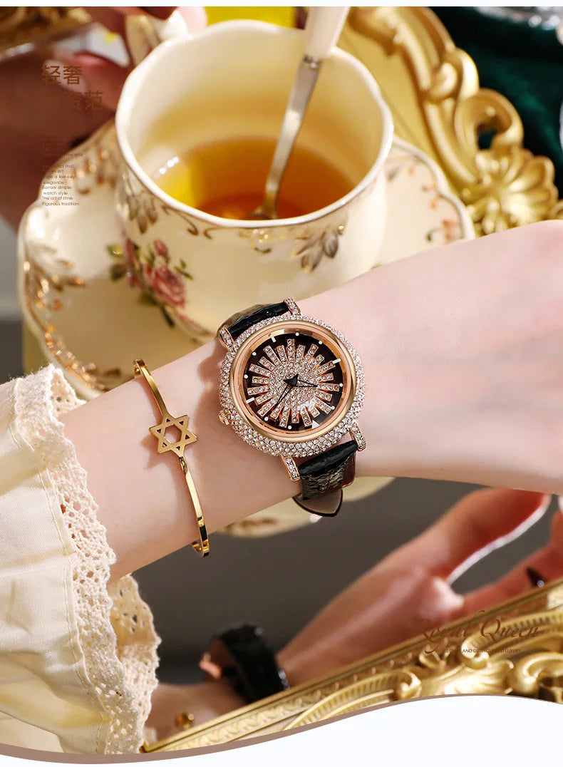 UTHAI Light Luxury Women's Watch Diamond-Accented 360° Running Clock Waterproof Genuine Leather Strap Quartz Watch for Women