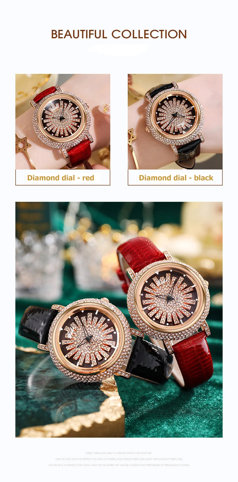 UTHAI Light Luxury Women's Watch Diamond-Accented 360° Running Clock Waterproof Genuine Leather Strap Quartz Watch for Women
