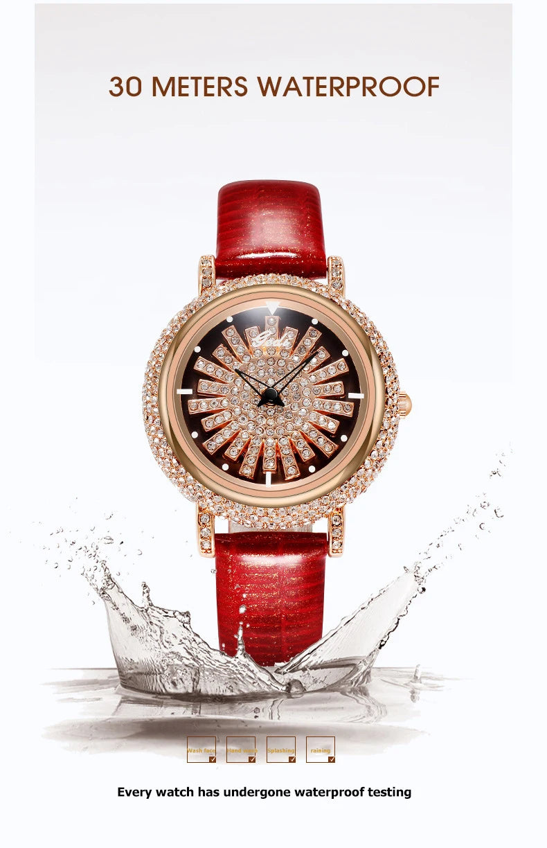 UTHAI Light Luxury Women's Watch Diamond-Accented 360° Running Clock Waterproof Genuine Leather Strap Quartz Watch for Women