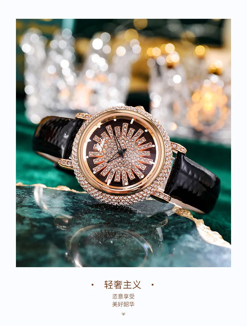 UTHAI Light Luxury Women's Watch Diamond-Accented 360° Running Clock Waterproof Genuine Leather Strap Quartz Watch for Women