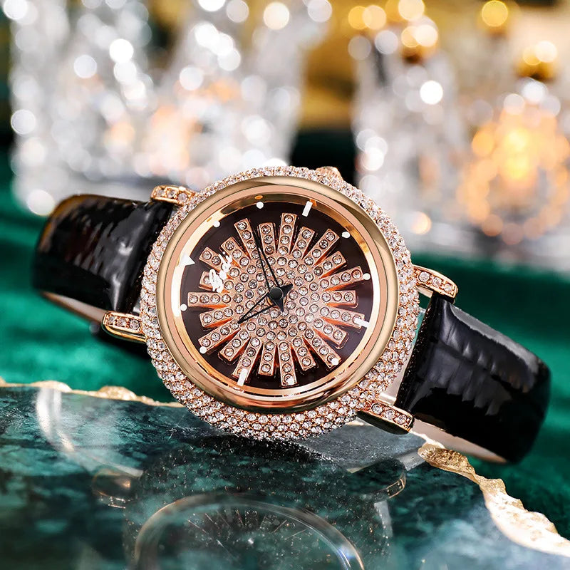 UTHAI Light Luxury Women's Watch Diamond-Accented 360° Running Clock Waterproof Genuine Leather Strap Quartz Watch for Women