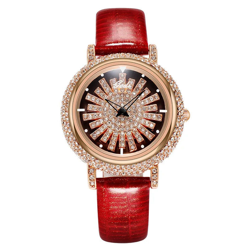 UTHAI Light Luxury Women's Watch Diamond-Accented 360° Running Clock Waterproof Genuine Leather Strap Quartz Watch for Women
