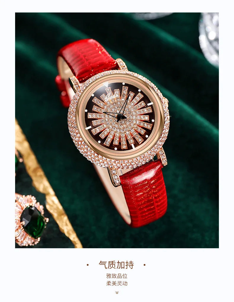 UTHAI Light Luxury Women's Watch Diamond-Accented 360° Running Clock Waterproof Genuine Leather Strap Quartz Watch for Women