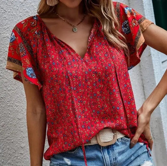 Women’s Floral Print Boho Blouse – Summer V-Neck Short Sleeve Top for Beach & Casual Outfits