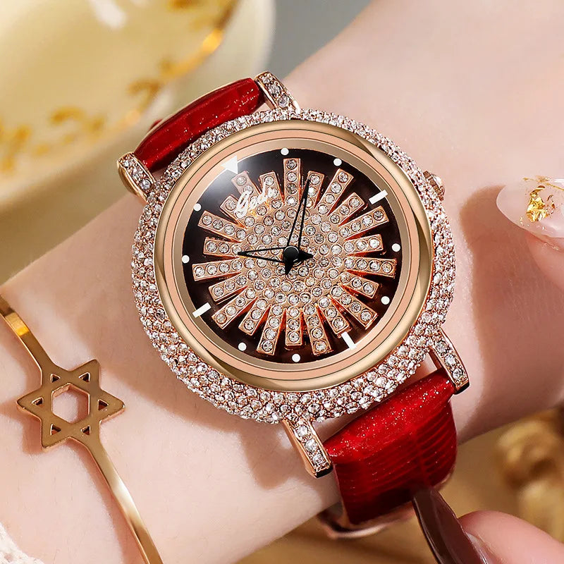 UTHAI Light Luxury Women's Watch Diamond-Accented 360° Running Clock Waterproof Genuine Leather Strap Quartz Watch for Women