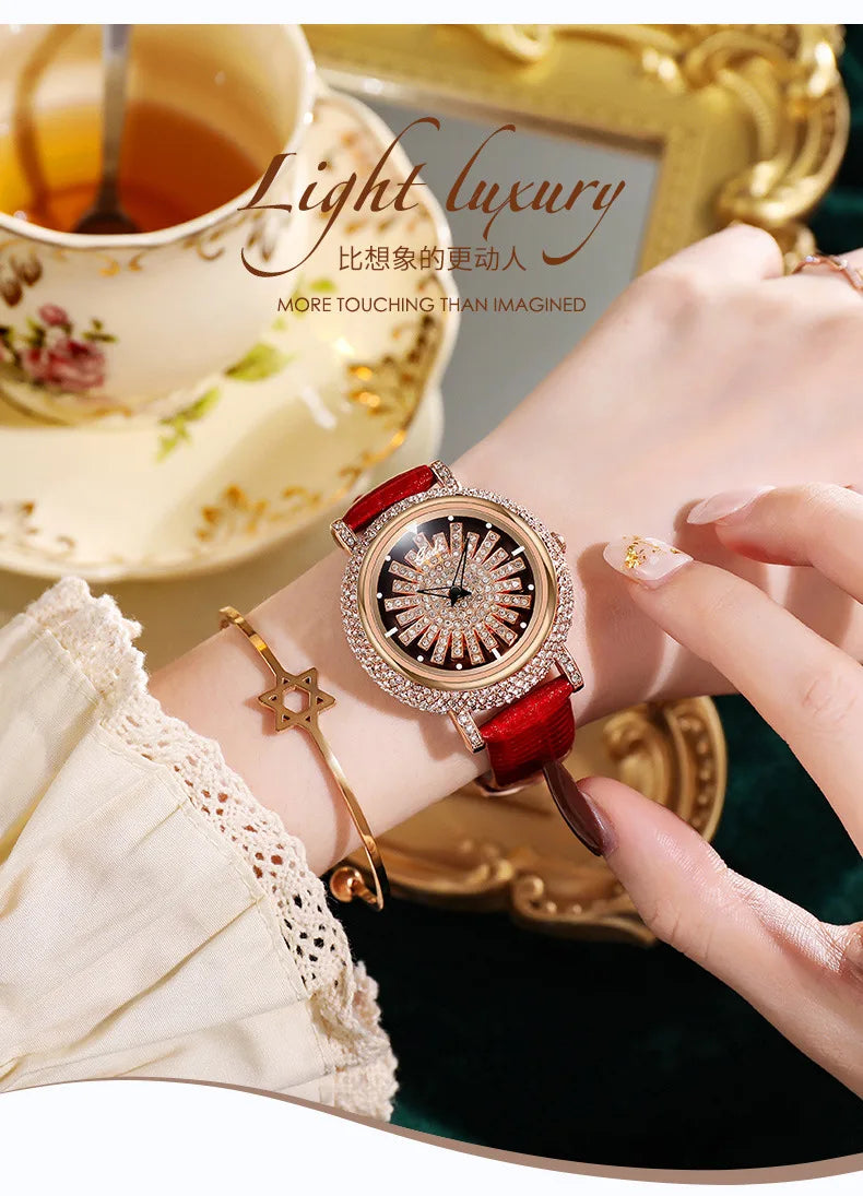UTHAI Light Luxury Women's Watch Diamond-Accented 360° Running Clock Waterproof Genuine Leather Strap Quartz Watch for Women