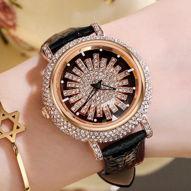 UTHAI Light Luxury Women's Watch Diamond-Accented 360° Running Clock Waterproof Genuine Leather Strap Quartz Watch for Women