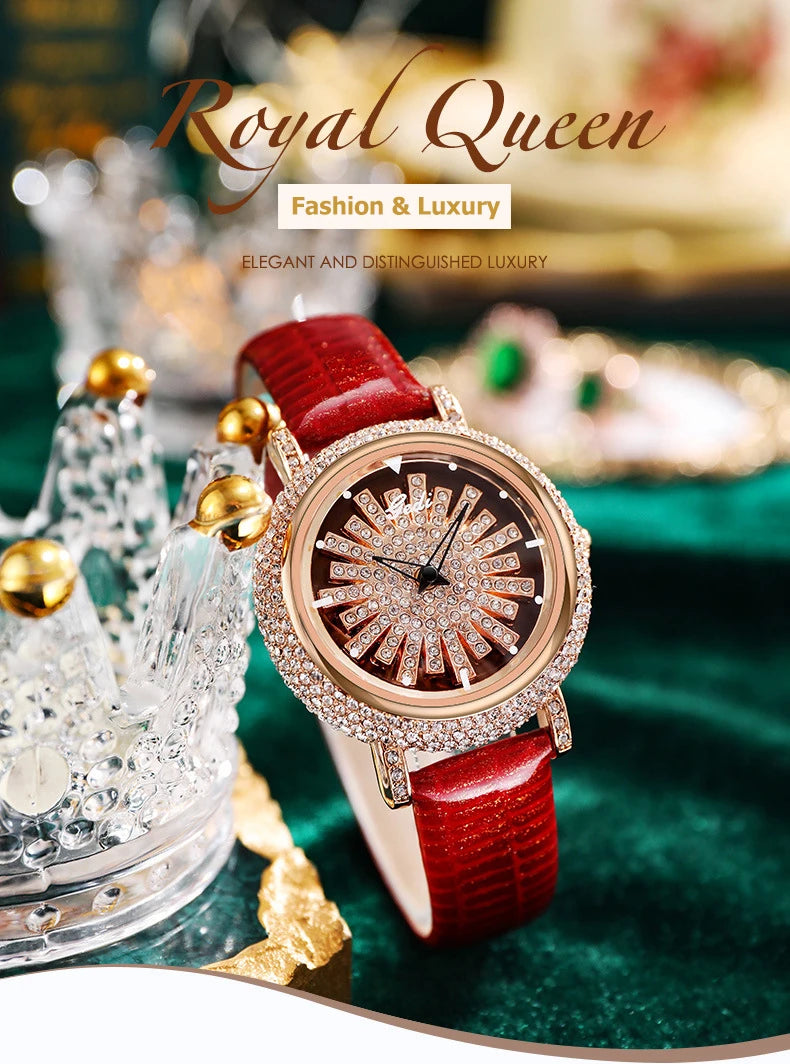 UTHAI Light Luxury Women's Watch Diamond-Accented 360° Running Clock Waterproof Genuine Leather Strap Quartz Watch for Women