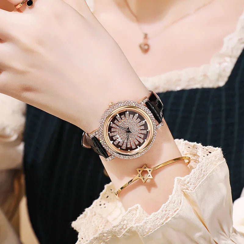 UTHAI Light Luxury Women's Watch Diamond-Accented 360° Running Clock Waterproof Genuine Leather Strap Quartz Watch for Women