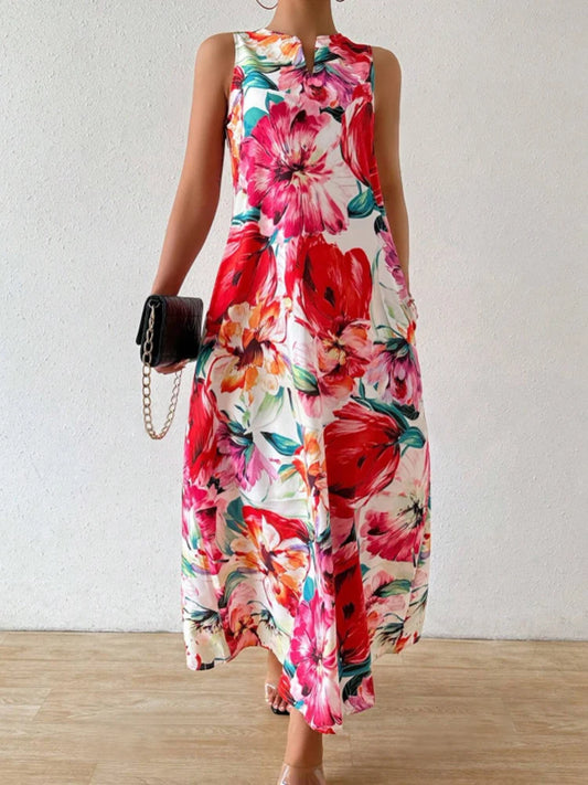 Women's Floral Print V-Neck Sleeveless Long Dress – Lightweight, Breathable, Side Slit Design, Comfortable Summer Maxi Dress