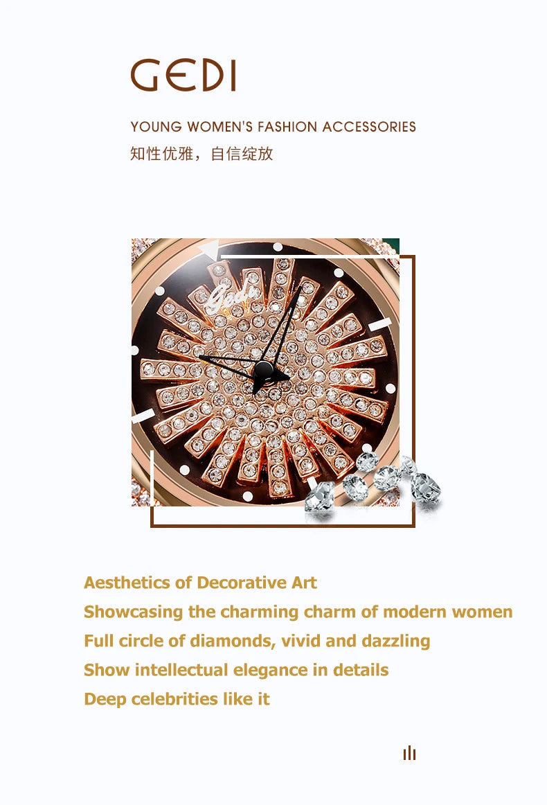 UTHAI Light Luxury Women's Watch Diamond-Accented 360° Running Clock Waterproof Genuine Leather Strap Quartz Watch for Women