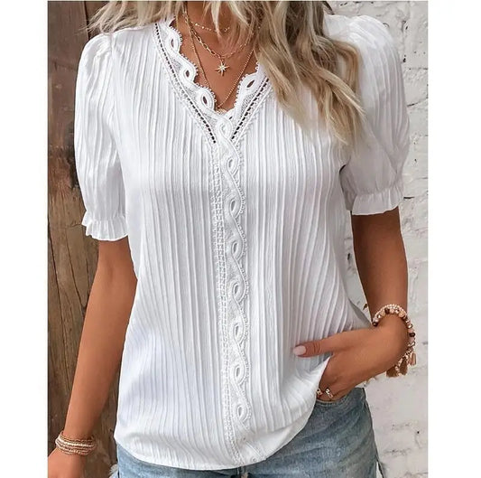 Plus Size Women’s Summer Top – Sexy V-Neck Hollow Out Short Sleeve Blouse | Loose Streetwear Fashion