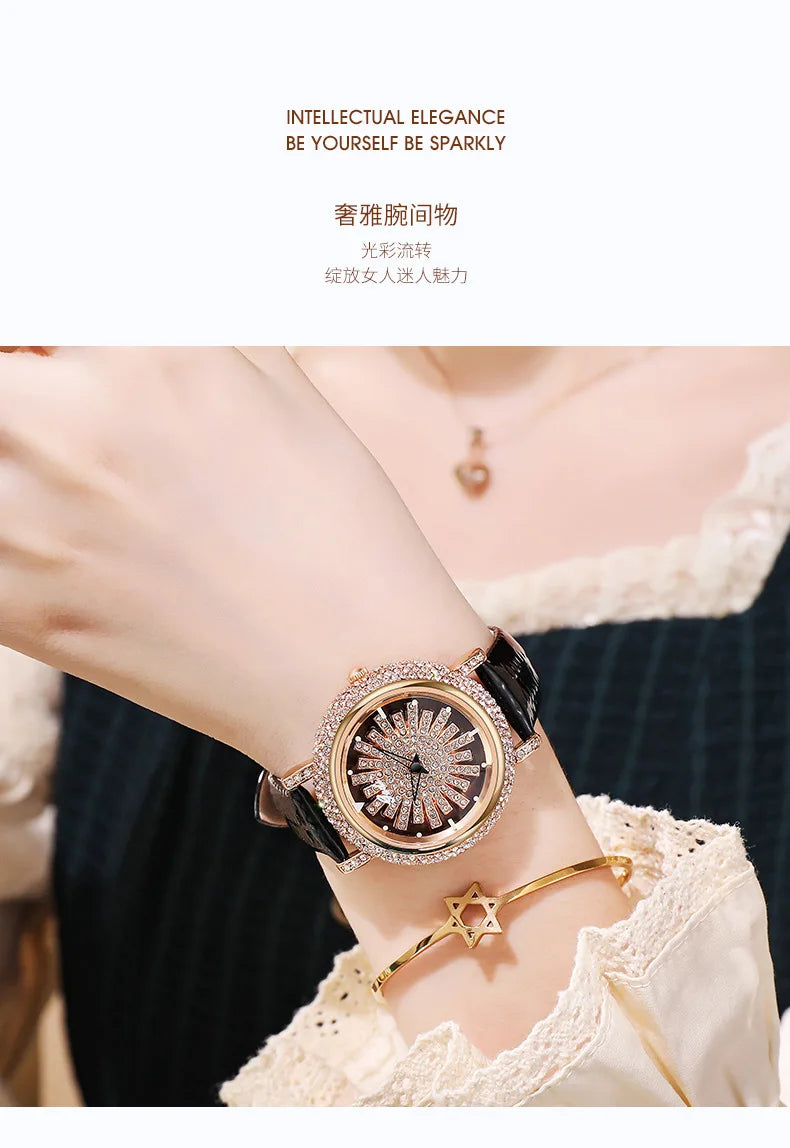 UTHAI Light Luxury Women's Watch Diamond-Accented 360° Running Clock Waterproof Genuine Leather Strap Quartz Watch for Women