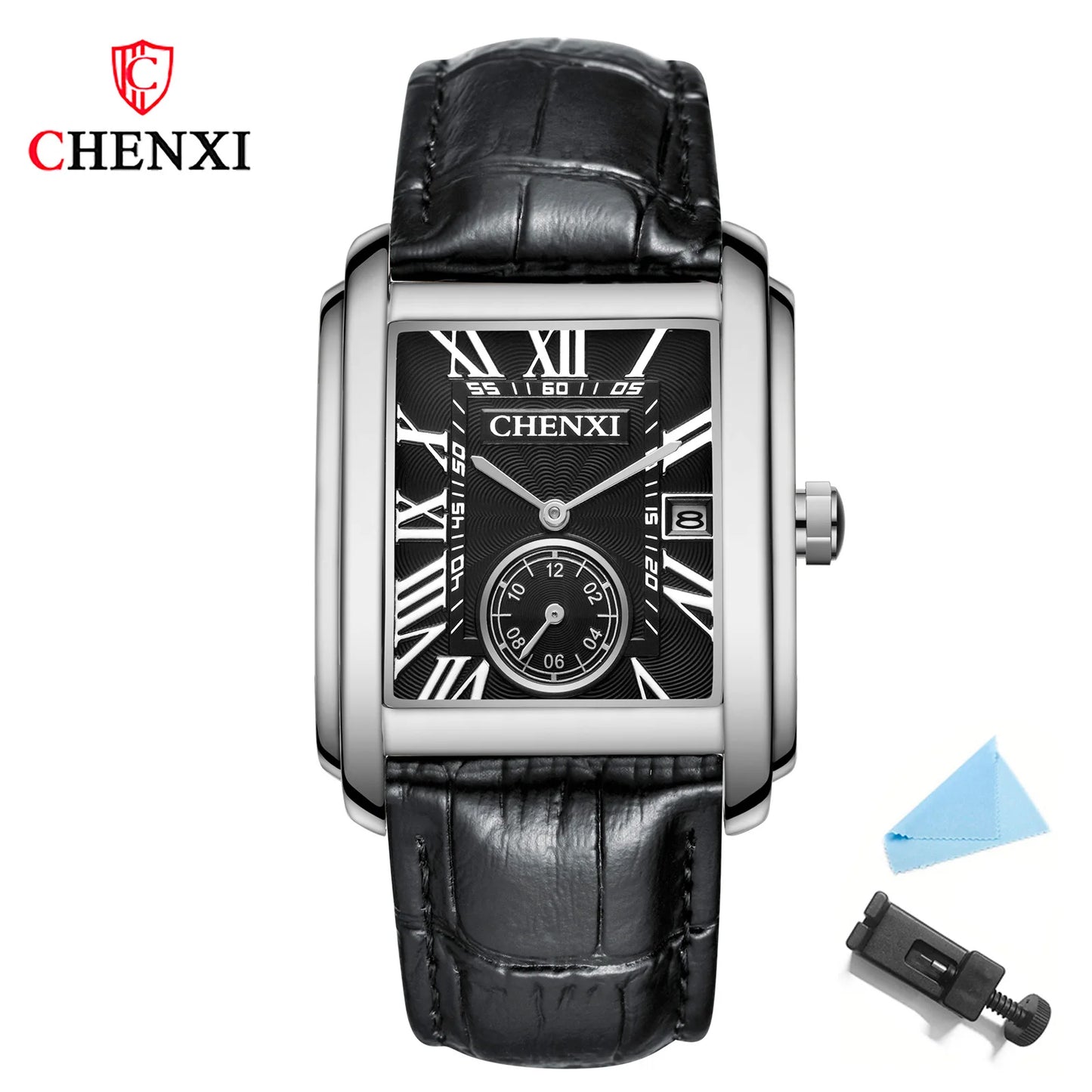 CHENXI Original Men's Quartz Watch Classic Square Business Watch with Date Luminous Hands Genuine Leather Strap High-Quality Dress Wristwatch